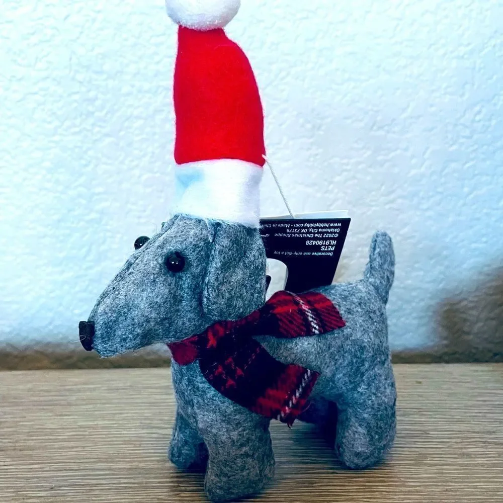 Christmas Dog Plush Gray Holiday Ornament